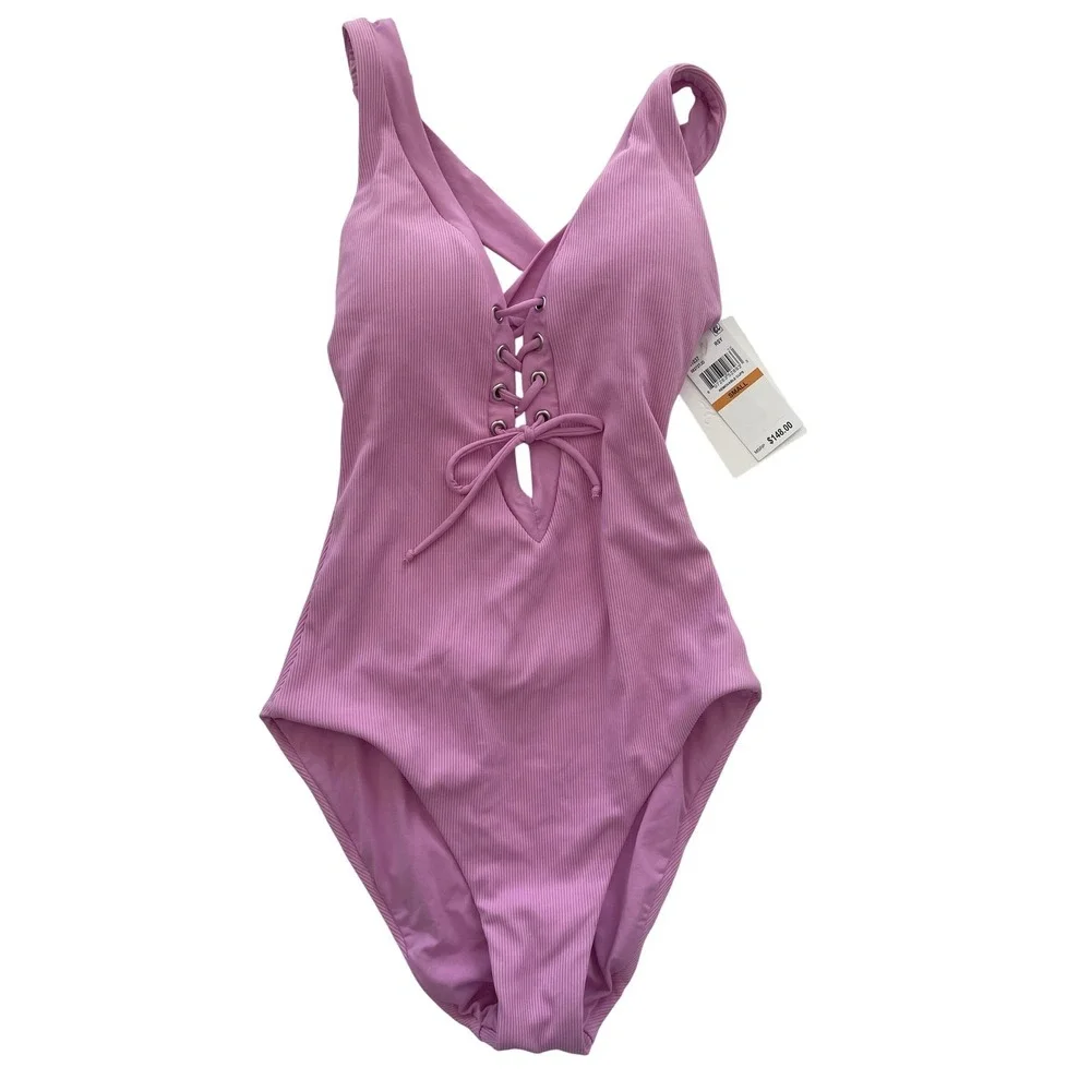 BECCA Modern‎ Edge Plunge Lace-Up Ribbed One-Piece Swimsuit Women's Size Small